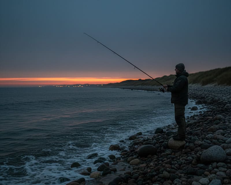 Angler an der dänischen Ostseeküste bei Sonnenaufgang