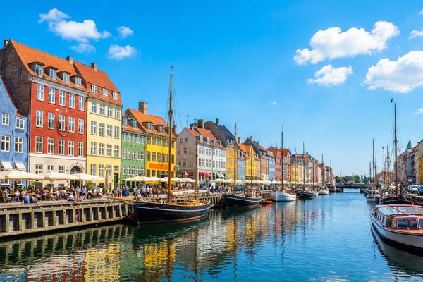 Colorful Nyhavn harbor houses in Copenhagen Denmark