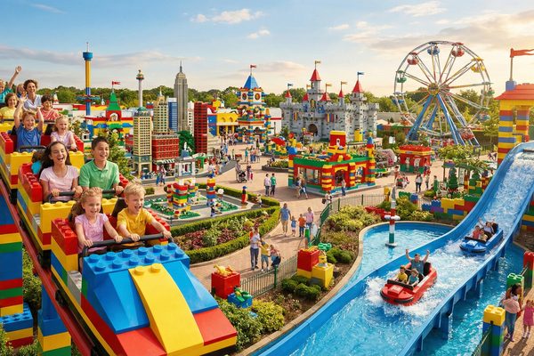 Colorful family theme park with brick buildings and rides in Billund Denmark