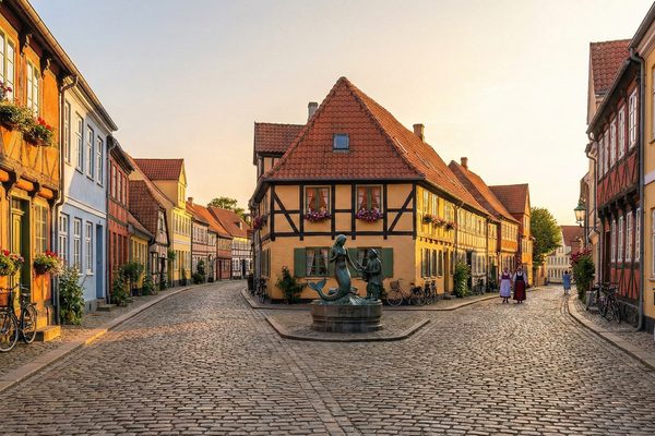 Charming half-timbered houses on cobblestone streets in Odense Denmark