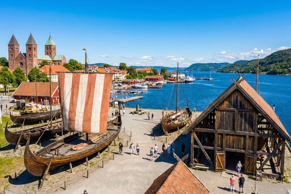 Viking Ship Museum with longships and Roskilde Cathedral in Denmark